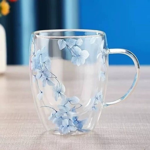 لیوان دوجداره گلدار آبی پیرکس(وارداتی)
